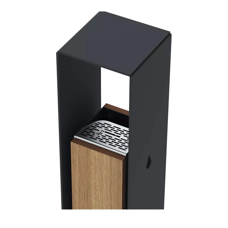Cendrier extérieur 1,5 L en HPL coloris chêne clair et acier anthracite vue de la grille écrase mégots en inox