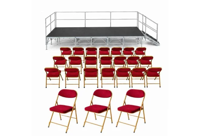 Lot chaises pliantes en velours rouge et podium de spectacle