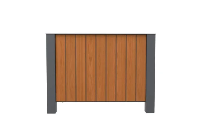 jardinière urbaine carrée vue latérale de l'habillage HPL coloris teck