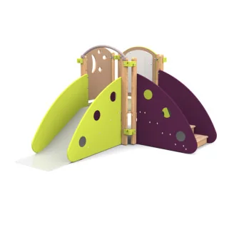 Parcours motricité enfant dès 12 mois en angle coloris vert et prune vue du toboggan