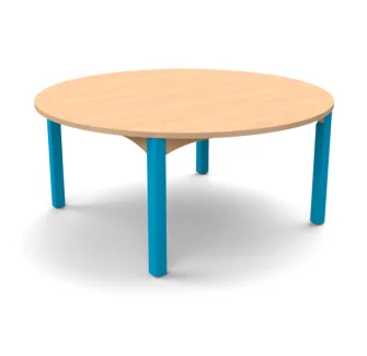 Table ronde scolaire plateau coloris hêtre et piètement bleu