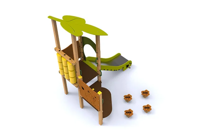 Toboggan avec 2 panneaux de jeux et plots d'équilibre vue aérienne