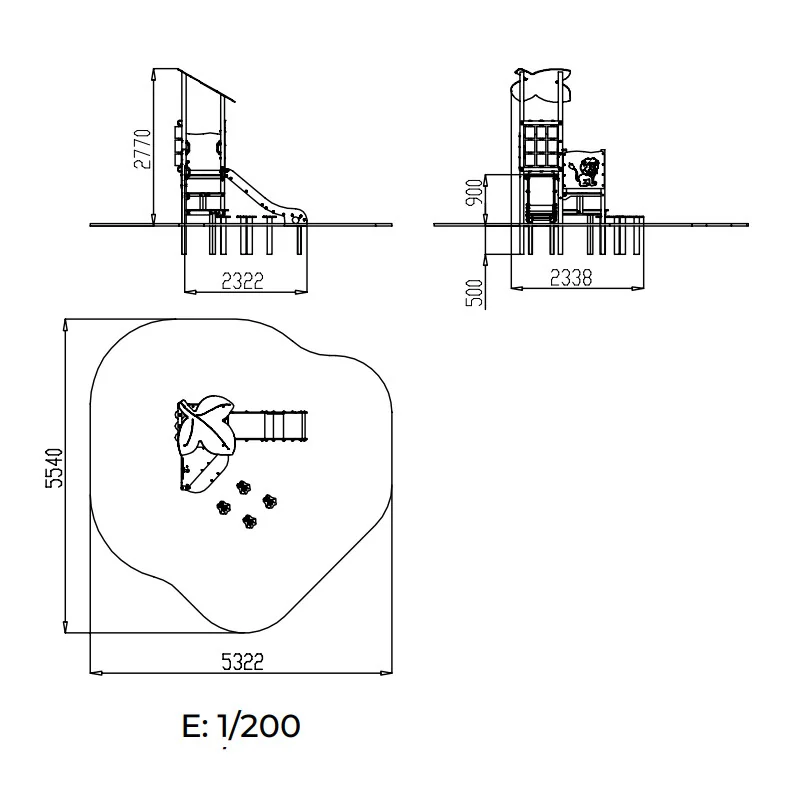 dimensions du toboggan avec 2 panneaux de jeux et plots d'équilibre