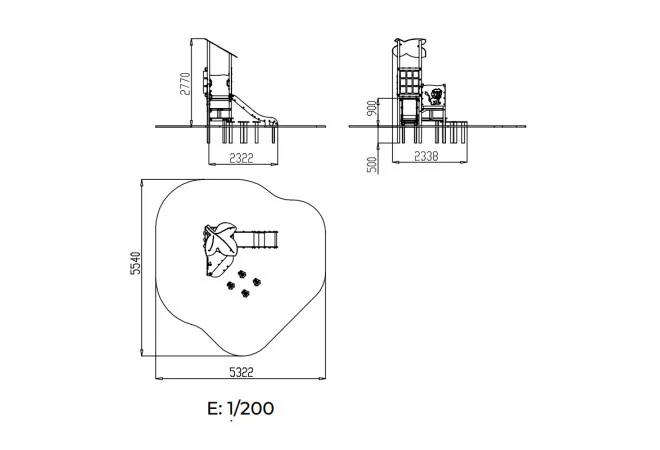 dimensions du toboggan avec 2 panneaux de jeux et plots d'équilibre