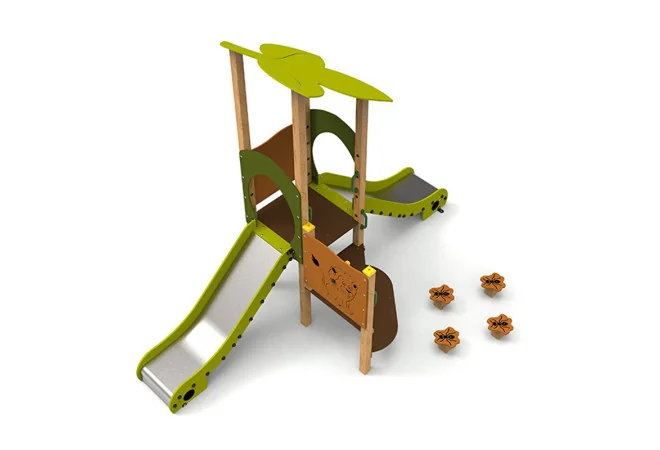 Structure pour aire de jeux avec 2 toboggans et plots d'équilibre vue aérienne