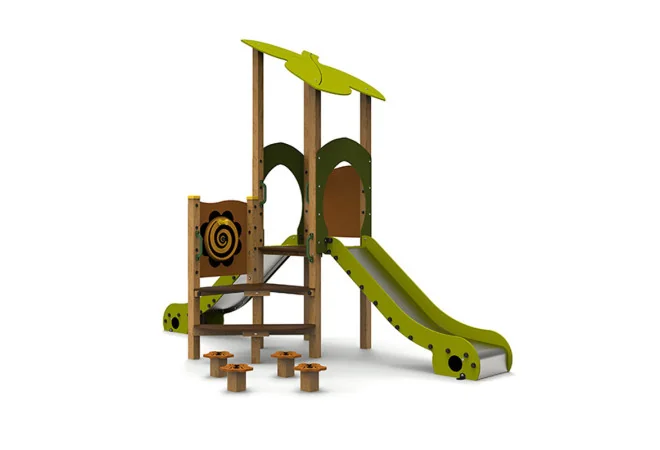 Double toboggan aire de jeux avec plots d'équilibre