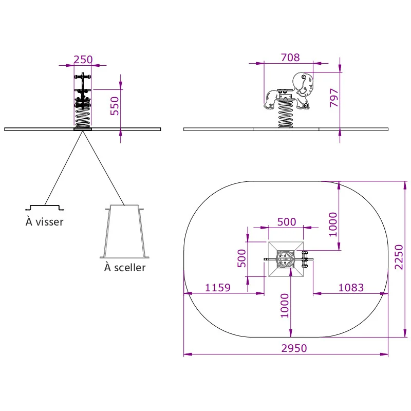 dimensions du jeu sur ressort Éléphant
