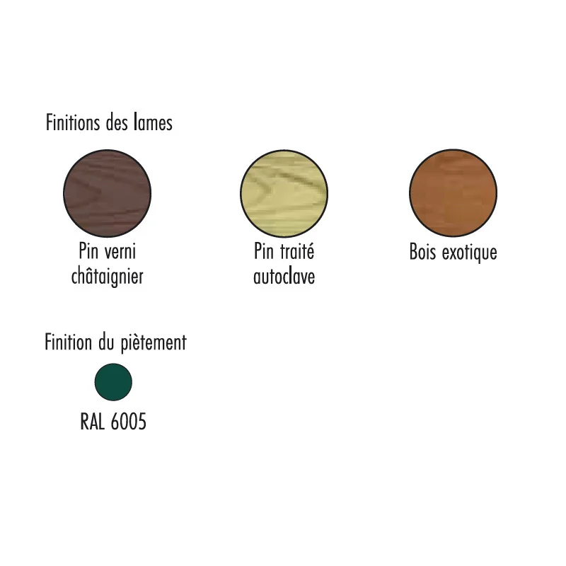 coloris disponible de la banquette extérieure bois et acier