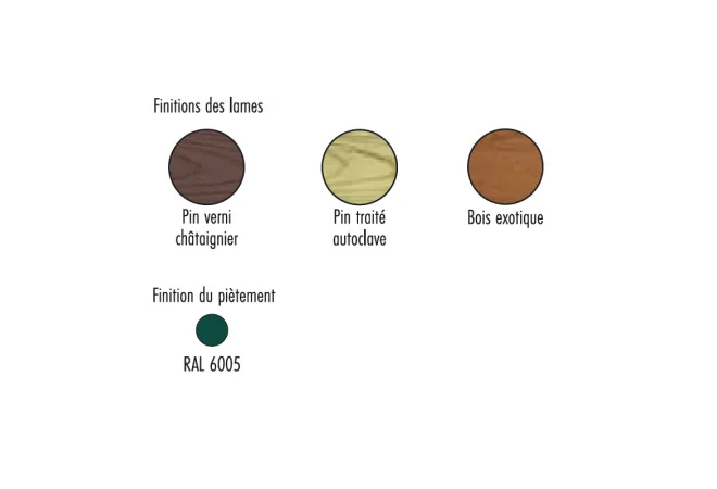 coloris disponible de la banquette extérieure bois et acier