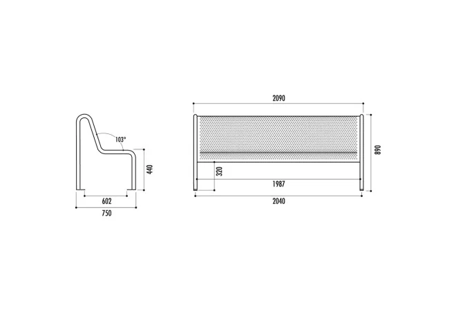 dimensions du Banc métallique extérieur en acier perforé