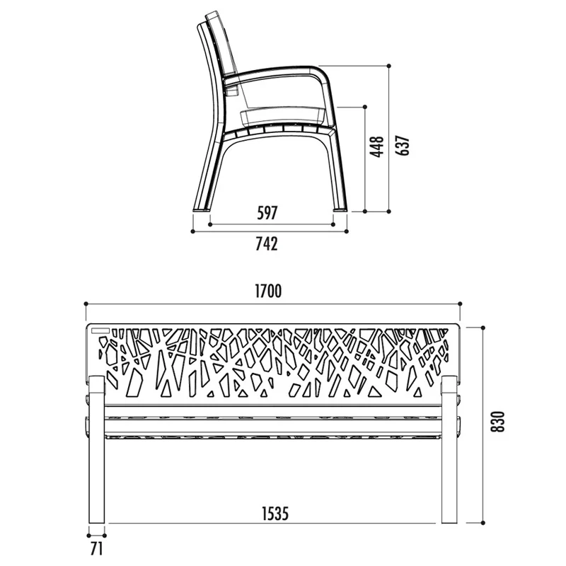 dimensions du Banc extérieur en plastique coloré
