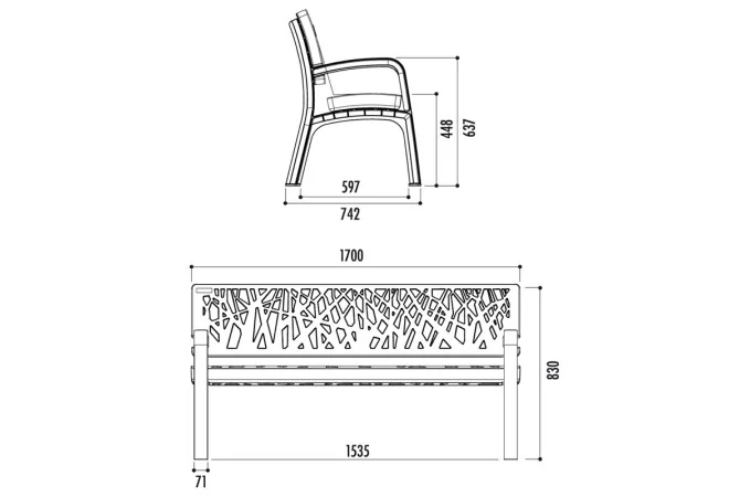 dimensions du Banc extérieur en plastique coloré