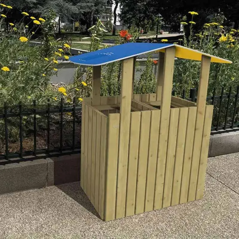 poubelle urbaine tri sélectif en bois avec toit