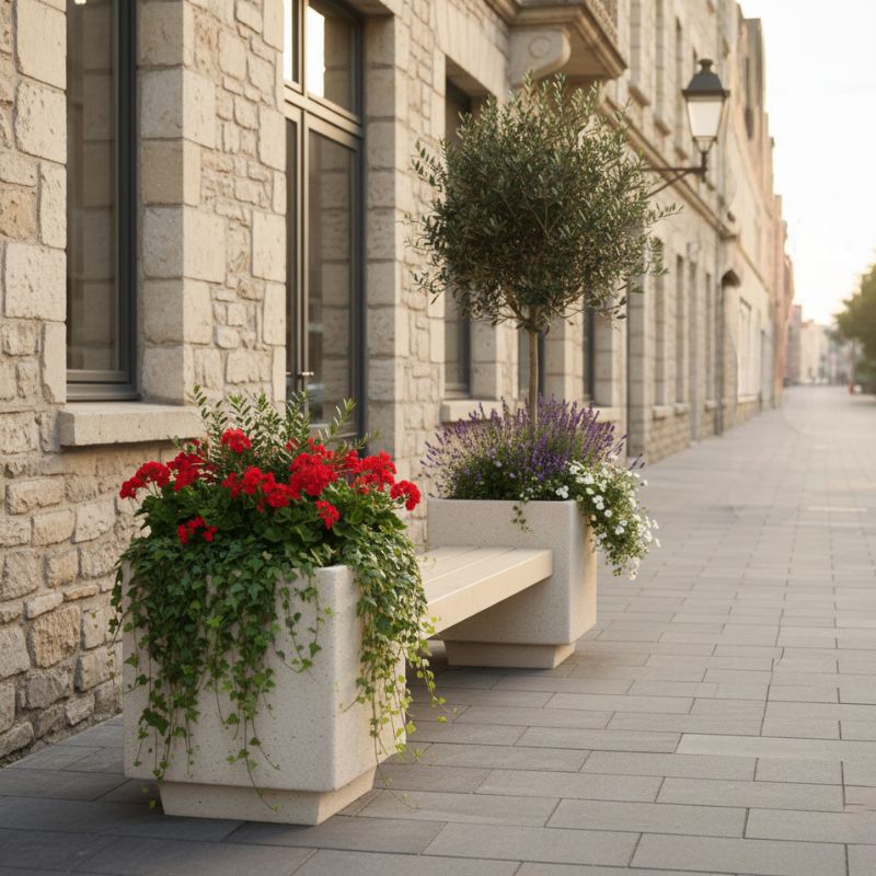banque urbaine en béton avec jardinières dans une rue
