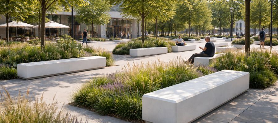 Bancs publics en béton en ville