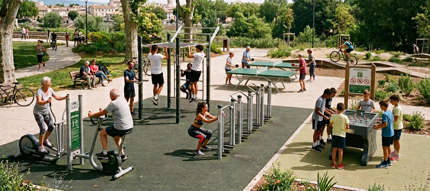 Espace sportif en accès libre avec agrès de fitness, street workout, tables de ping-pong, parcours vélo et baby-foot extérieur