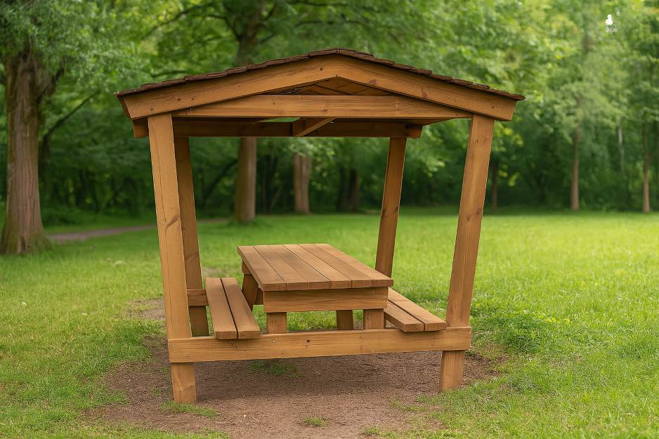 table pique nique en bois avec toit dans un espace vert