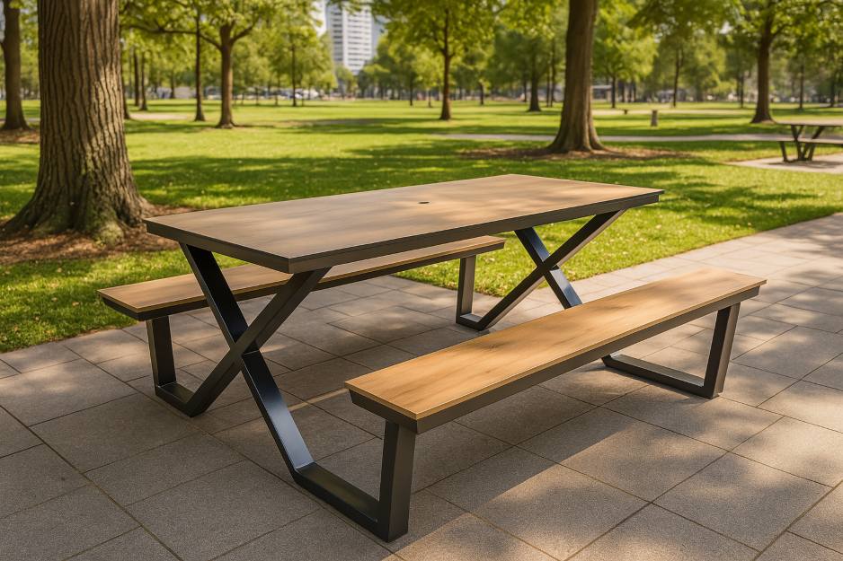 table de pique nique en hpl avec plateau imitation bois