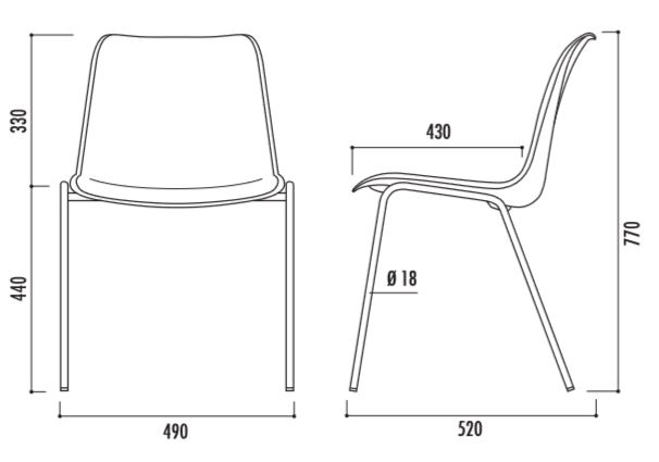 Dessin technique des chaises à coque diamètre 18 mm Hélène - Cofradis