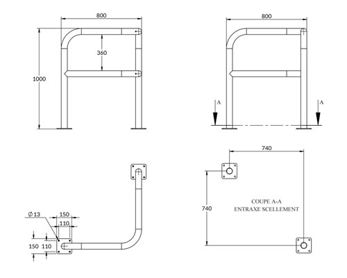 arceau à fixer sur plot beton 800 x 800 mm