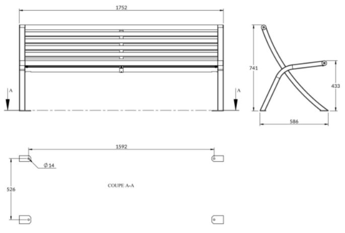 dimensions du banc public extérieur en compact - Cofradis Collectivités