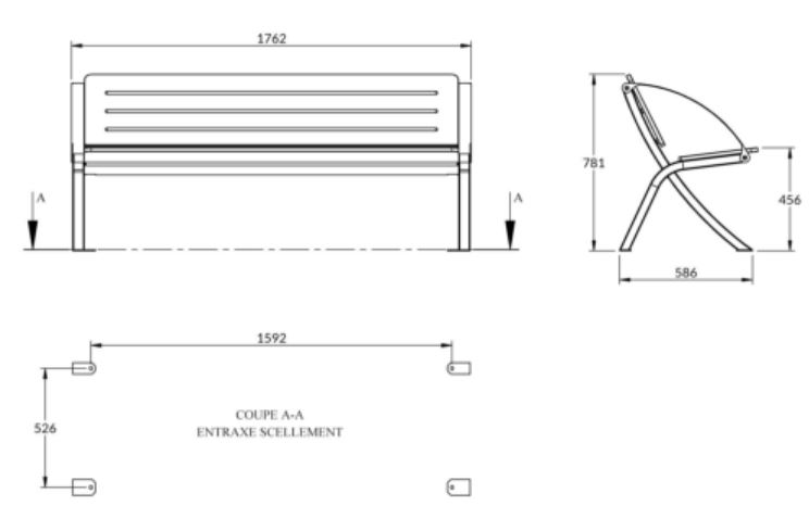 dimensions du banc public avec lames en compact - cofradis collectivités