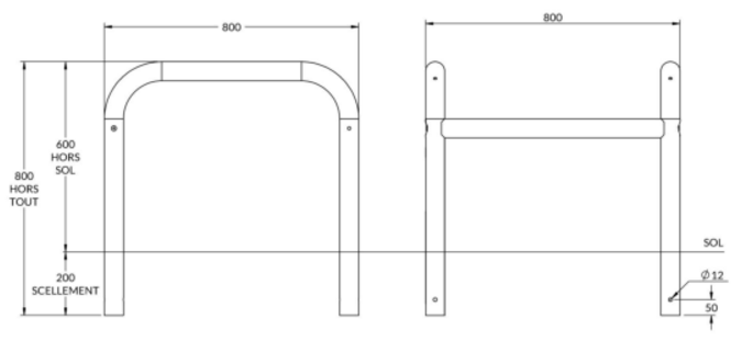 dimensions des étriers de protection 4 pieds à sceller - cofradis collectivités