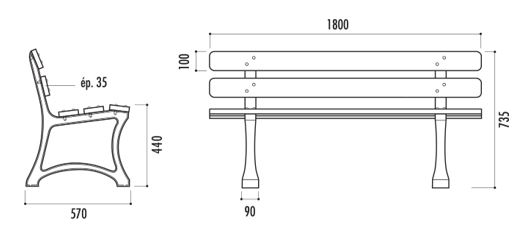 Dessin technique du banc de ville bois et fonte Saragosse longueur 180 cm - Cofradis Collectivités