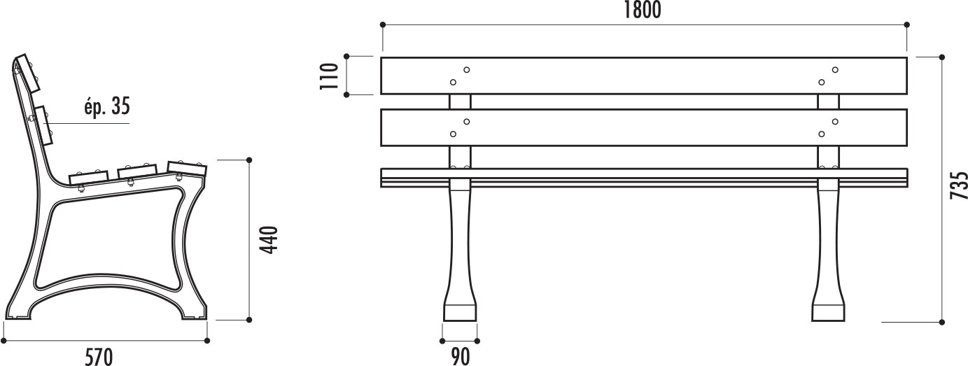 dimensions du banc public dresde - cofradis collectivites